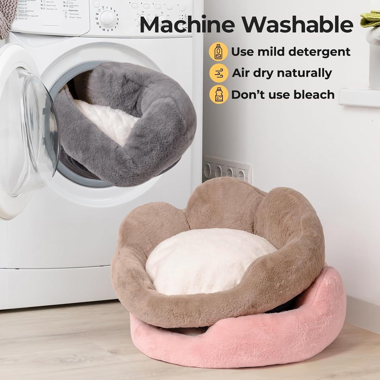 MEWOOFUN Cat Bed And Small Dog Bed, Fluffy Dog Bed Washable Cat Couch Bed, Cute Cat Bed For Indoor Cats, Flower Cat Sofa Bed With Non Slip Bottom, Pet Bed For Puppy And Kitten Grey, 23