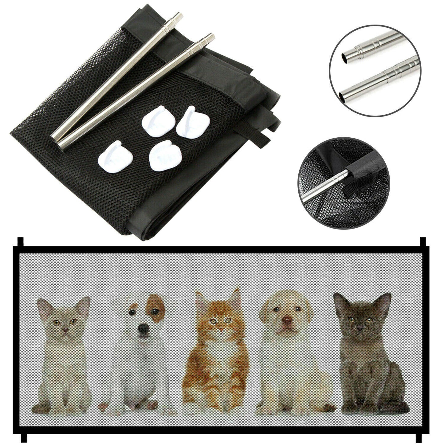 Magic Mesh Pet Safety Gate – Lightweight and portable mesh barrier that installs easily to keep dogs and cats safely contained near stairs, doorways, or hallways.