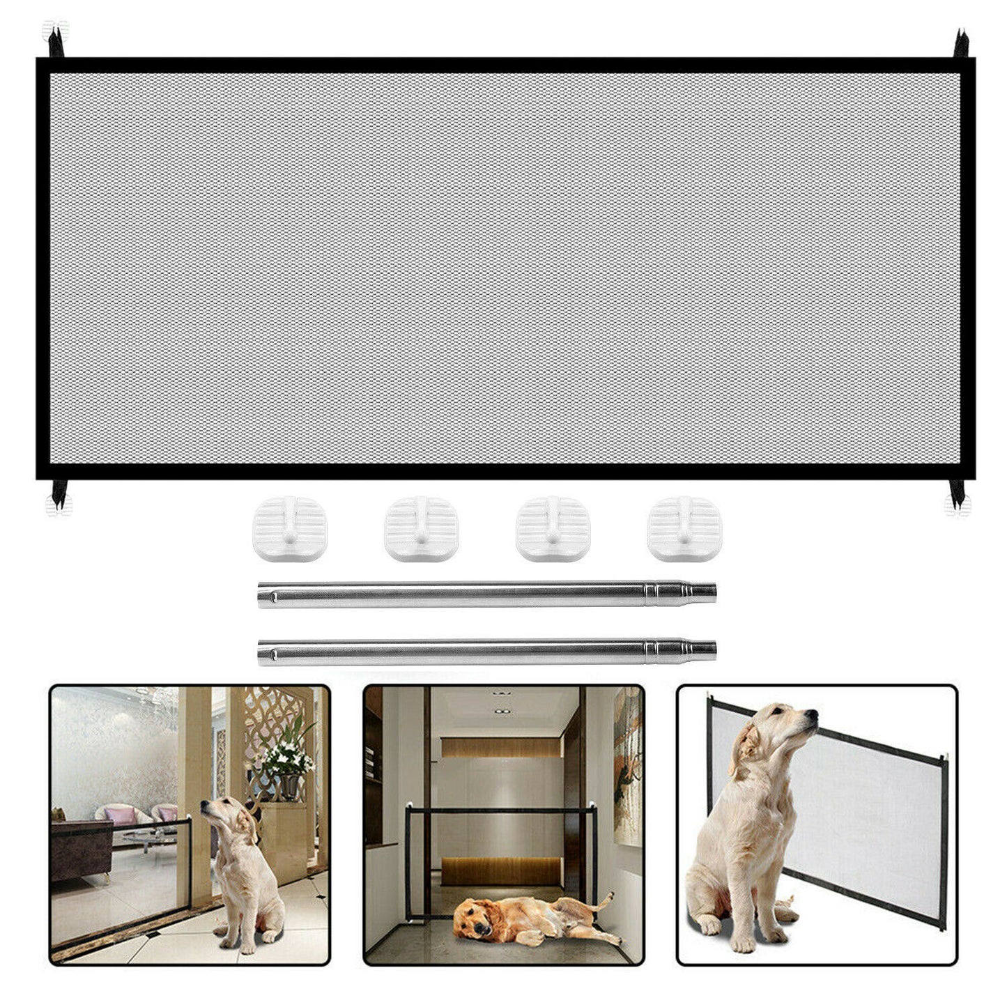Magic Mesh Pet Safety Gate – Lightweight and portable mesh barrier that installs easily to keep dogs and cats safely contained near stairs, doorways, or hallways.