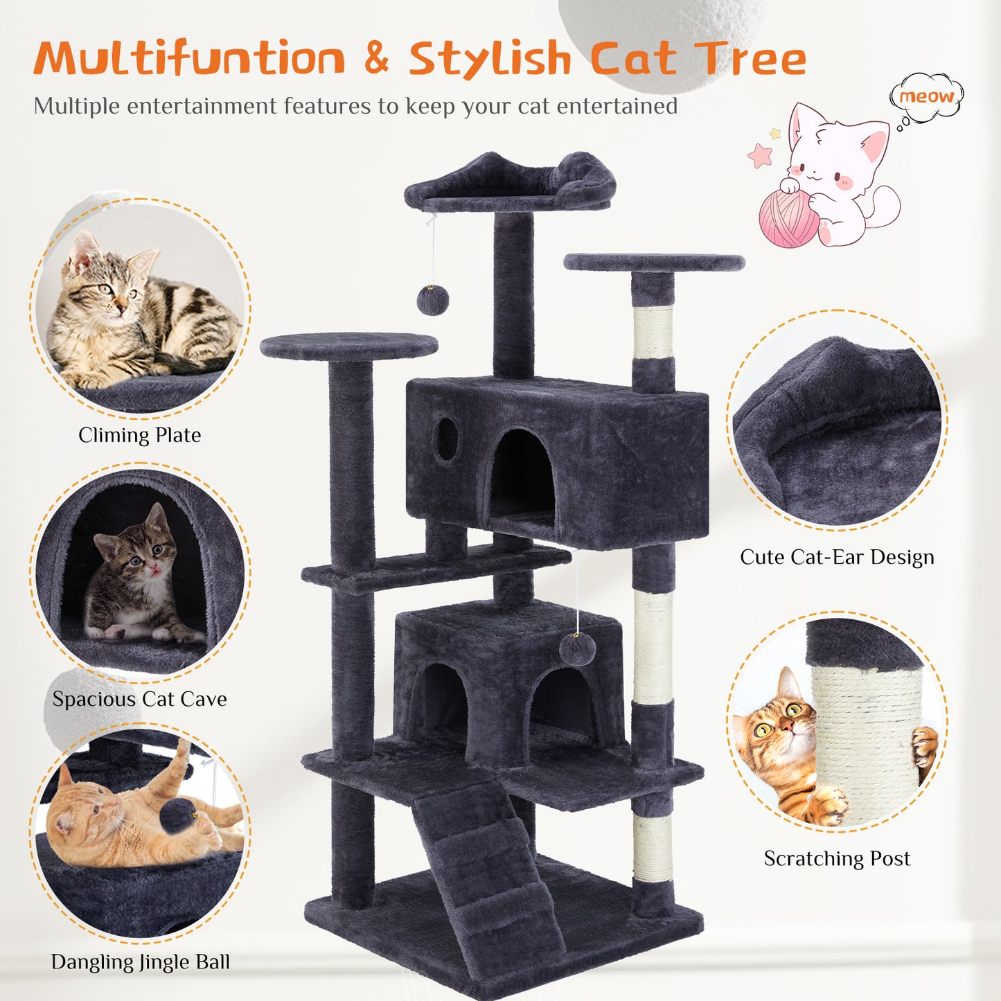 A stylish, all-in-one cat treehouse that combines climbing, lounging, and play—designed for comfort, durability, and endless feline fun