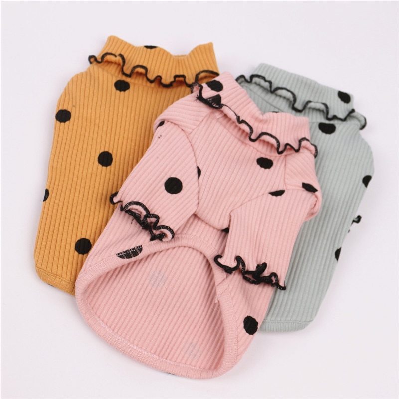 Dot Turtleneck Dog Bottoming Shirt in Yellow Pink and Green Polka Dots with Ruffle Trim Available in Multiple Sizes