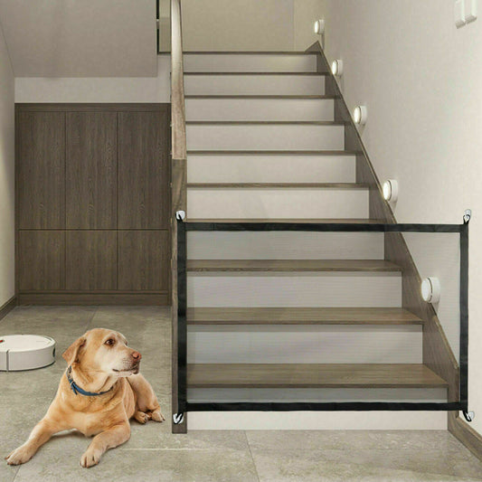 Magic Mesh Pet Safety Gate – Lightweight and portable mesh barrier that installs easily to keep dogs and cats safely contained near stairs, doorways, or hallways.