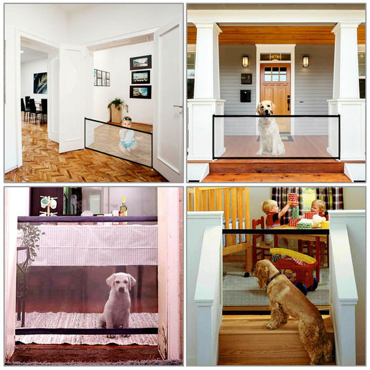 Magic Mesh Pet Safety Gate – Lightweight and portable mesh barrier that installs easily to keep dogs and cats safely contained near stairs, doorways, or hallways.