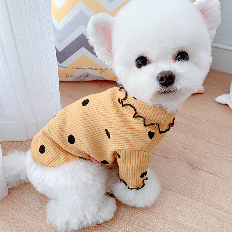 Dot Turtleneck Dog Bottoming Shirt in Yellow Pink and Green Polka Dots with Ruffle Trim Available in Multiple Sizes