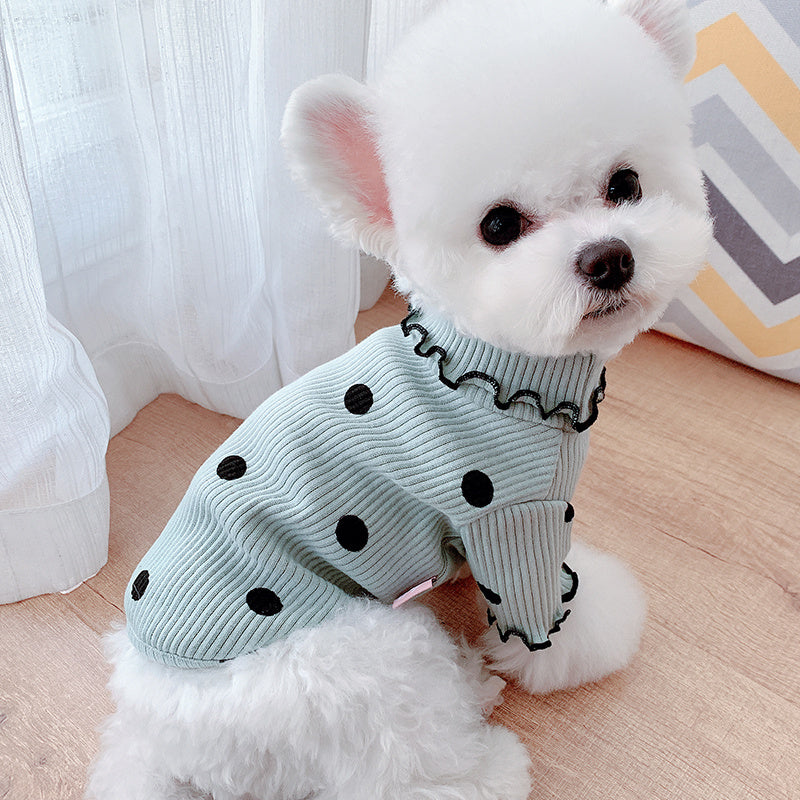 Dot Turtleneck Dog Bottoming Shirt in Yellow Pink and Green Polka Dots with Ruffle Trim Available in Multiple Sizes