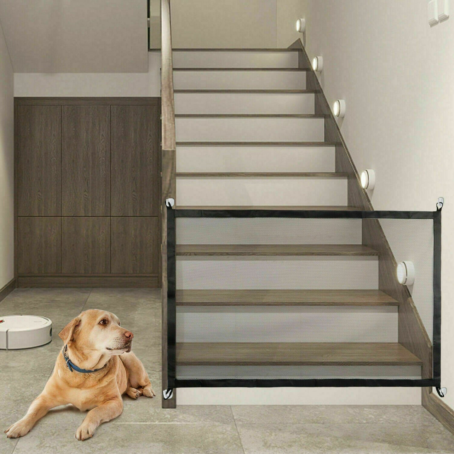 Magic Mesh Pet Safety Gate – Lightweight and portable mesh barrier that installs easily to keep dogs and cats safely contained near stairs, doorways, or hallways.