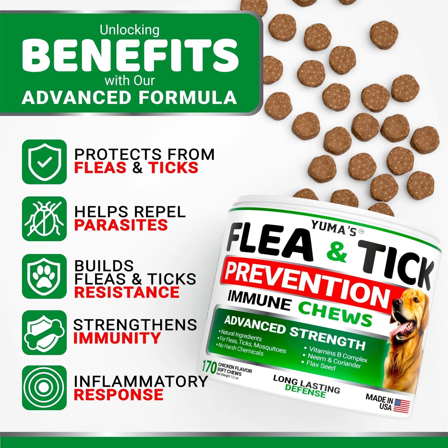Natural Flea and Tick Prevention Chewables for Dogs 170 Treats All Breeds Ages Made in USA
