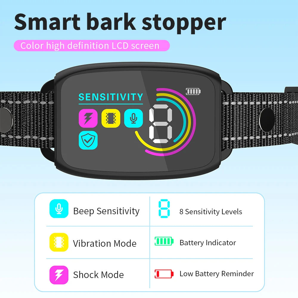 Smart Automatic Anti Barking Dog Collar Rechargeable Bark Stopper HD Digital Display IP67 Waterproof Pet Training Device