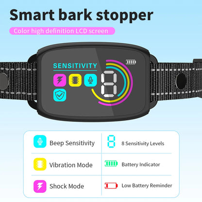 Smart Automatic Anti Barking Dog Collar Rechargeable Bark Stopper HD Digital Display IP67 Waterproof Pet Training Device