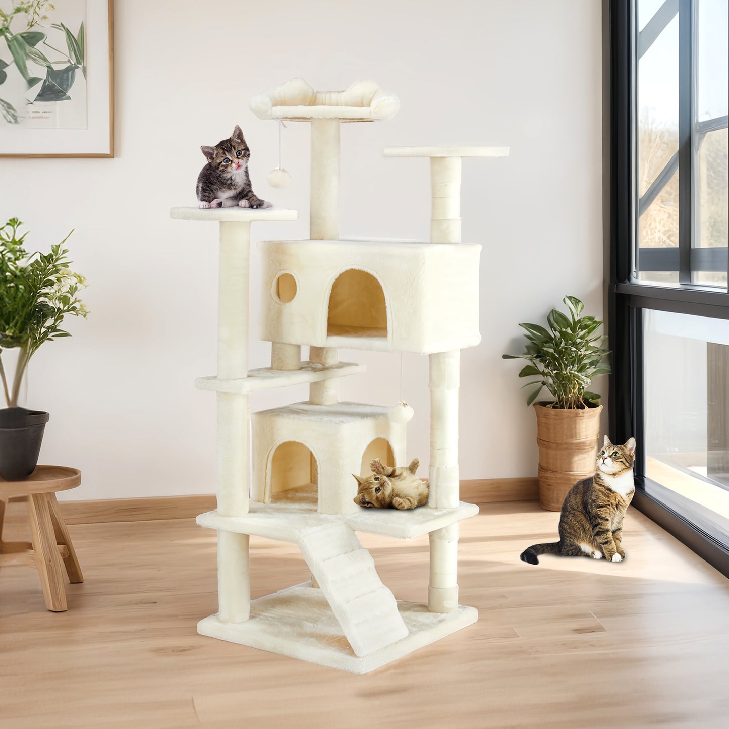 A stylish, all-in-one cat treehouse that combines climbing, lounging, and play—designed for comfort, durability, and endless feline fun